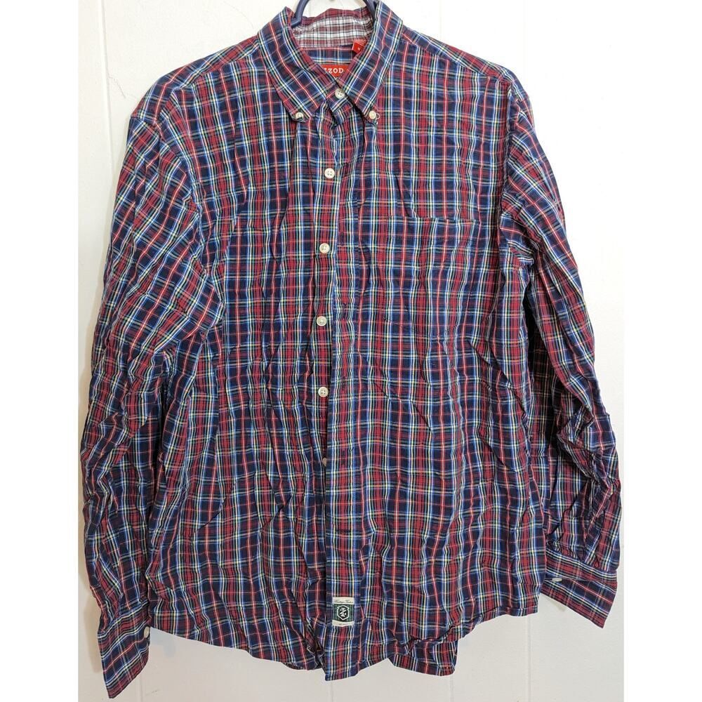 IZOD Heritage Tartan Dress Shirt Mens Medium M Red Blue White Plaid Button Down